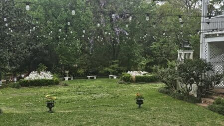 Linden Historic Bed & Breakfast garden with string lights, manicured lawn, blooming flowers, and shaded seating area beside the historic porch.